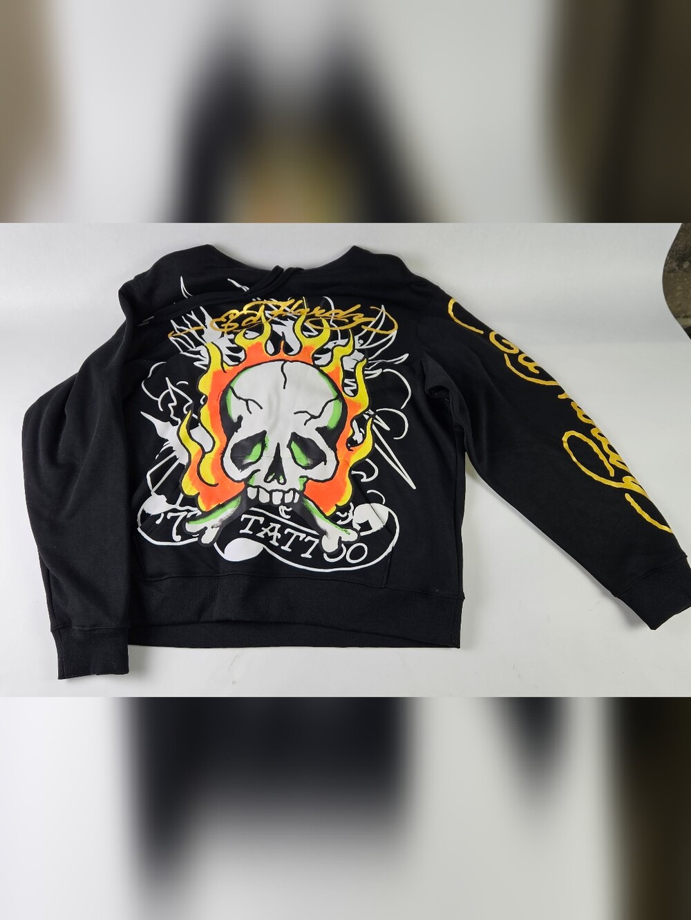 Ed Hardy Black Tattoo Flaming SkullLogo Hoodie Sweatshirt Men's Large